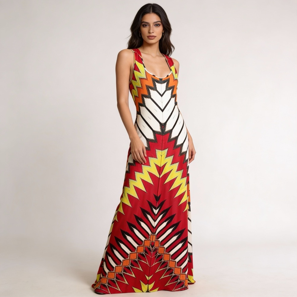 BEIGE BY ECI | Red Graphic Print Sleeveless Maxi Dress Sz M